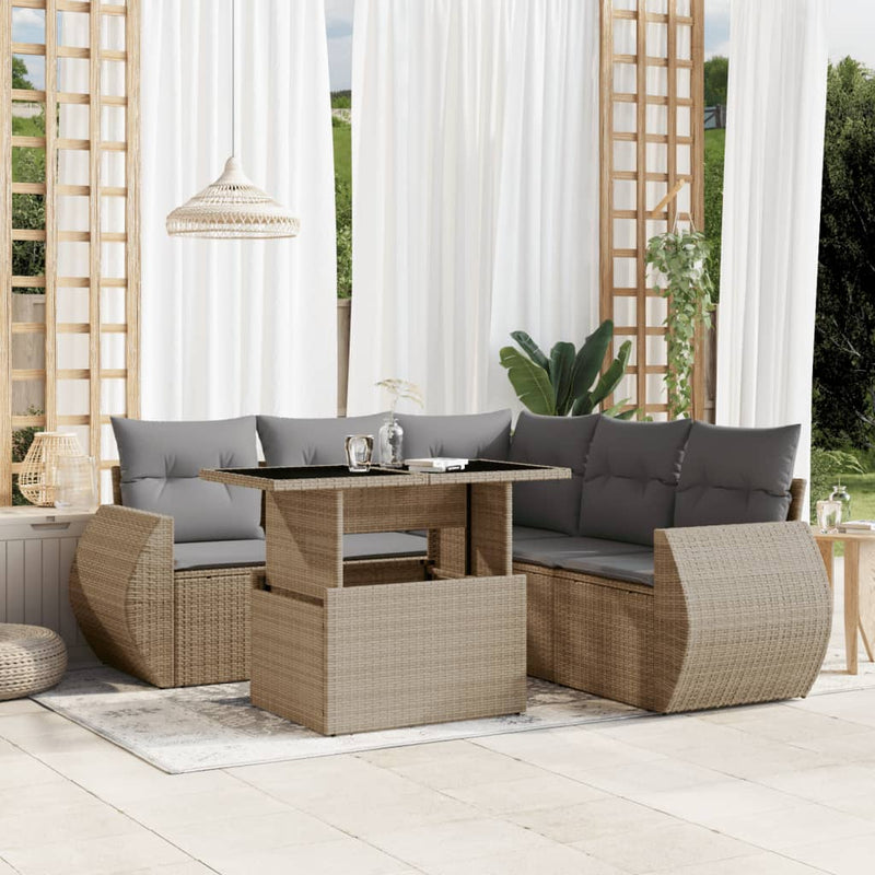 6 Piece Garden Sofa Set with Cushions Beige Poly Rattan