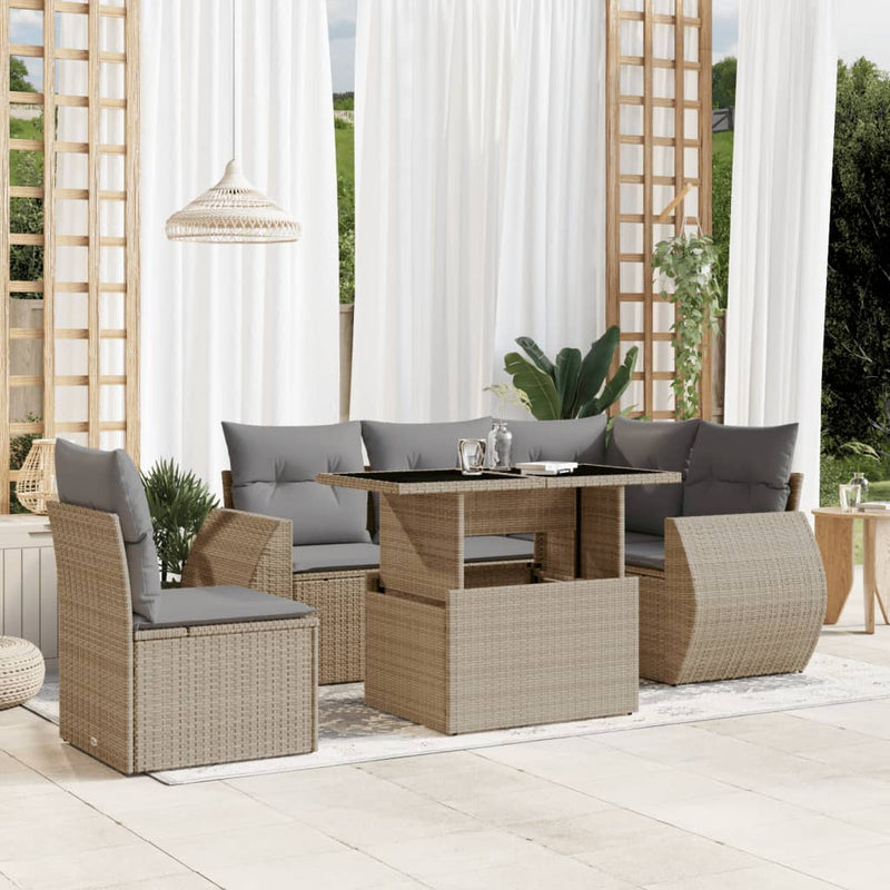 6 Piece Garden Sofa Set with Cushions Beige Poly Rattan