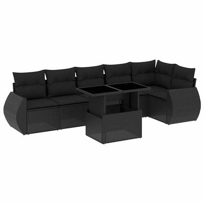 7 Piece Garden Sofa Set with Cushions Black Poly Rattan