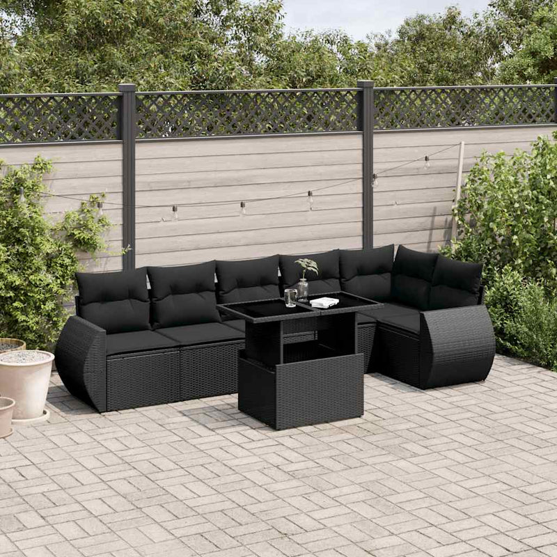 7 Piece Garden Sofa Set with Cushions Black Poly Rattan