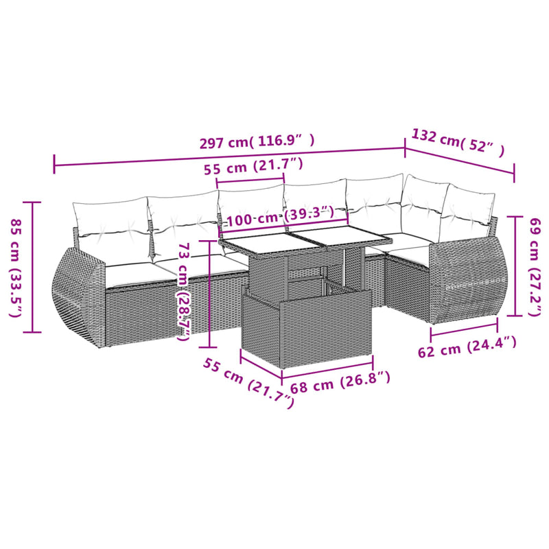 7 Piece Garden Sofa Set with Cushions Beige Poly Rattan