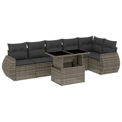 7 Piece Garden Sofa Set with Cushions Grey Poly Rattan