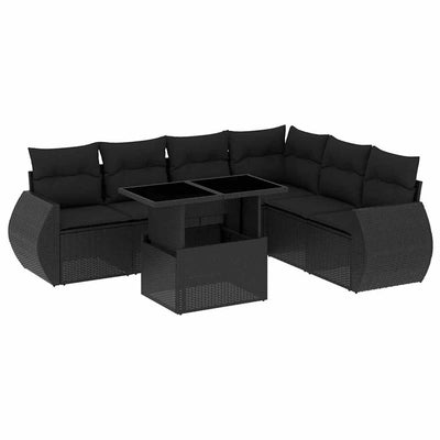 7 Piece Garden Sofa Set with Cushions Black Poly Rattan