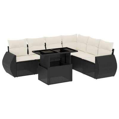 7 Piece Garden Sofa Set with Cushions Black Poly Rattan