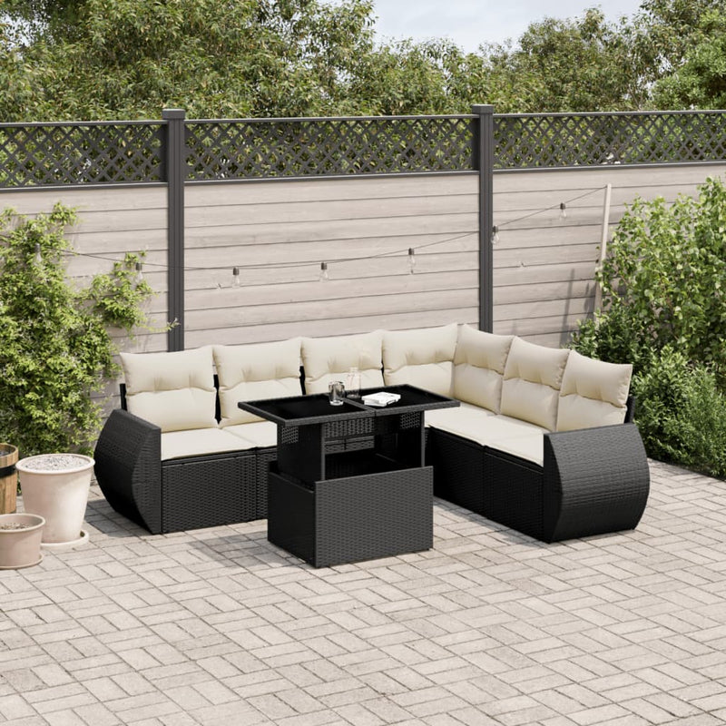 7 Piece Garden Sofa Set with Cushions Black Poly Rattan