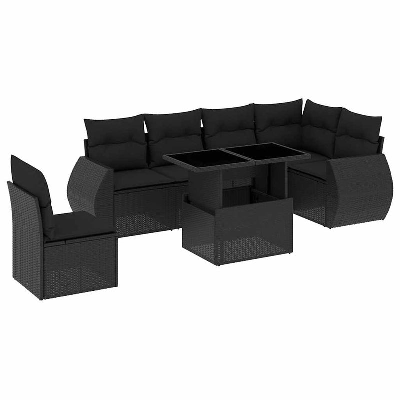 7 Piece Garden Sofa Set with Cushions Black Poly Rattan