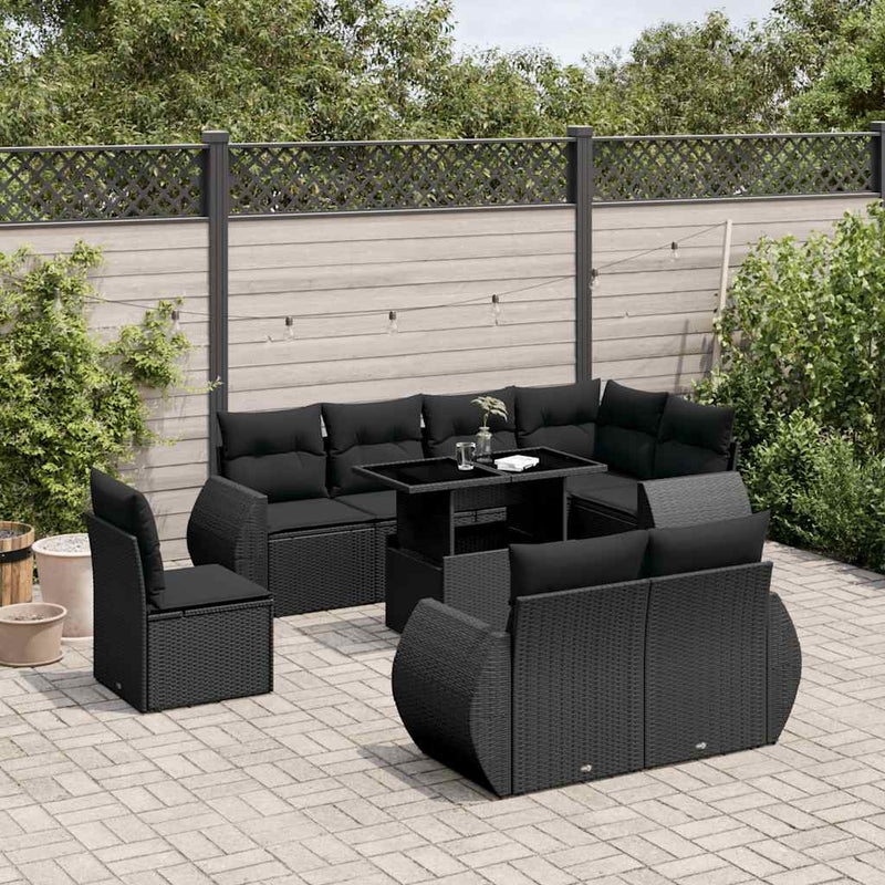 9 Piece Garden Sofa Set with Cushions Black Poly Rattan