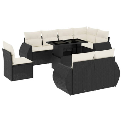 9 Piece Garden Sofa Set with Cushions Black Poly Rattan