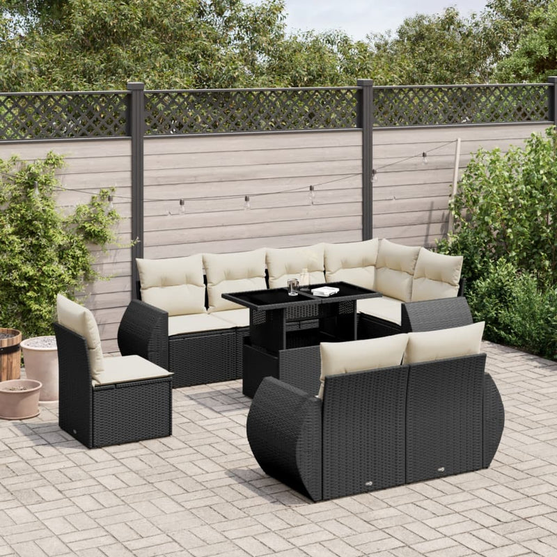 9 Piece Garden Sofa Set with Cushions Black Poly Rattan