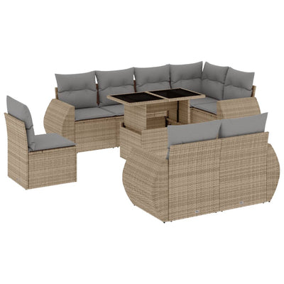 9 Piece Garden Sofa Set with Cushions Beige Poly Rattan