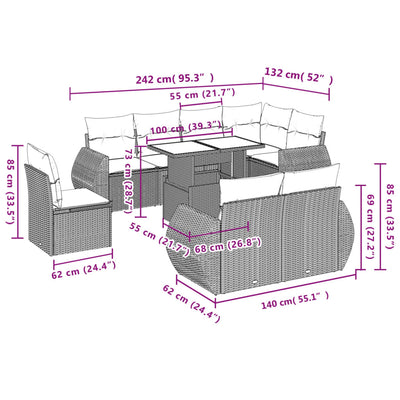 9 Piece Garden Sofa Set with Cushions Grey Poly Rattan