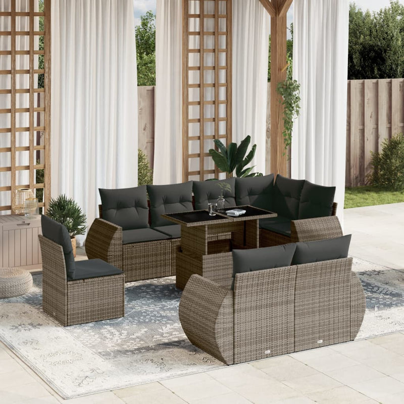 9 Piece Garden Sofa Set with Cushions Grey Poly Rattan