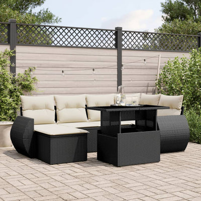 7 Piece Garden Sofa Set with Cushions Black Poly Rattan