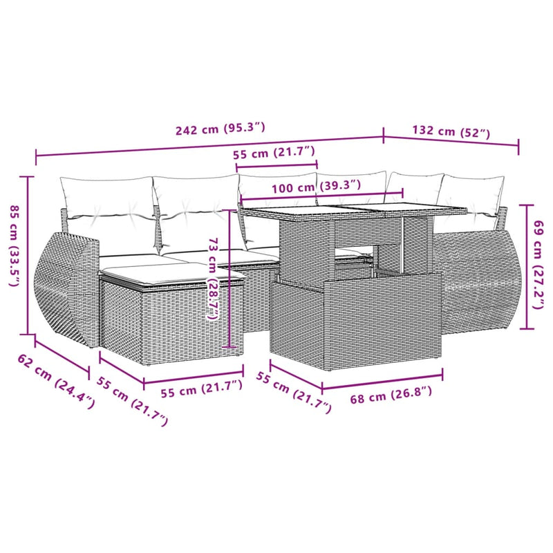 7 Piece Garden Sofa Set with Cushions Grey Poly Rattan