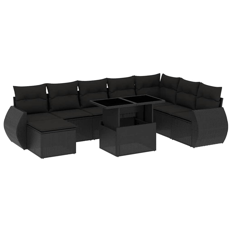 9 Piece Garden Sofa Set with Cushions Black Poly Rattan