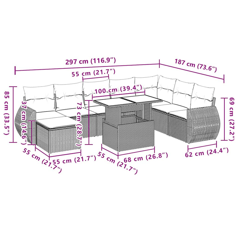 9 Piece Garden Sofa Set with Cushions Black Poly Rattan