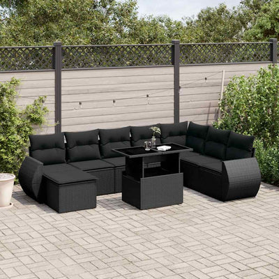 9 Piece Garden Sofa Set with Cushions Black Poly Rattan