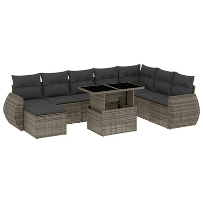 9 Piece Garden Sofa Set with Cushions Grey Poly Rattan