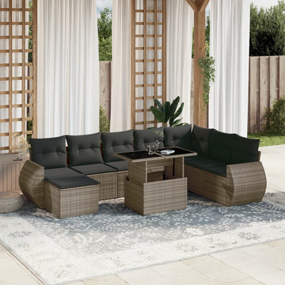 9 Piece Garden Sofa Set with Cushions Grey Poly Rattan