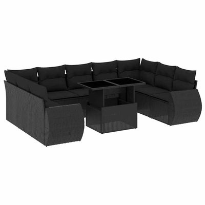 10 Piece Garden Sofa Set with Cushions Black Poly Rattan