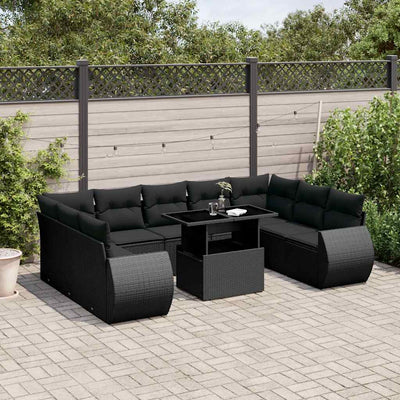 10 Piece Garden Sofa Set with Cushions Black Poly Rattan