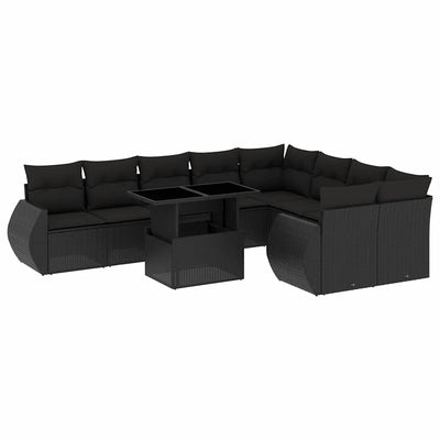 10 Piece Garden Sofa Set with Cushions Black Poly Rattan