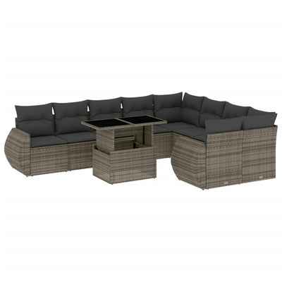 10 Piece Garden Sofa Set with Cushions Grey Poly Rattan