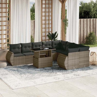 10 Piece Garden Sofa Set with Cushions Grey Poly Rattan