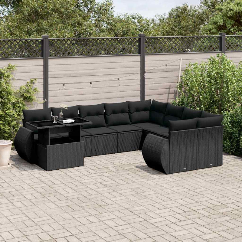 10 Piece Garden Sofa Set with Cushions Black Poly Rattan