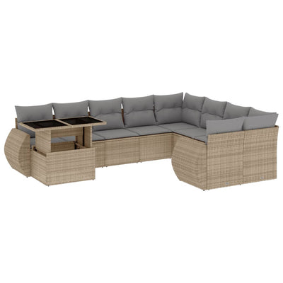 10 Piece Garden Sofa Set with Cushions Beige Poly Rattan