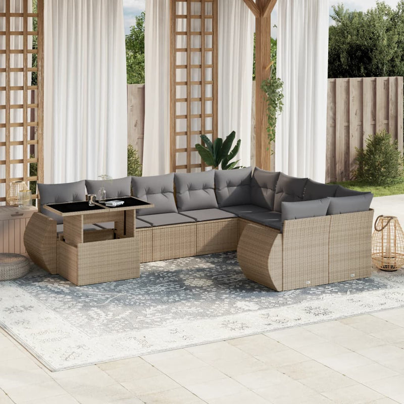 10 Piece Garden Sofa Set with Cushions Beige Poly Rattan