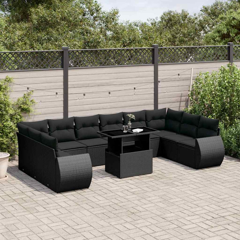 11 Piece Garden Sofa Set with Cushions Black Poly Rattan