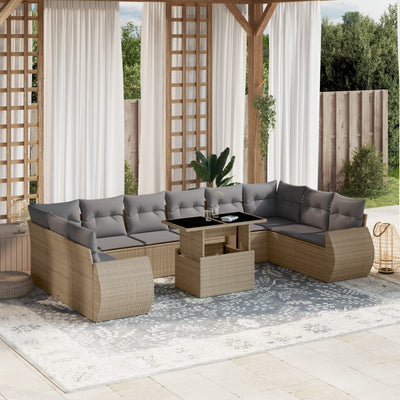 11 Piece Garden Sofa Set with Cushions Beige Poly Rattan