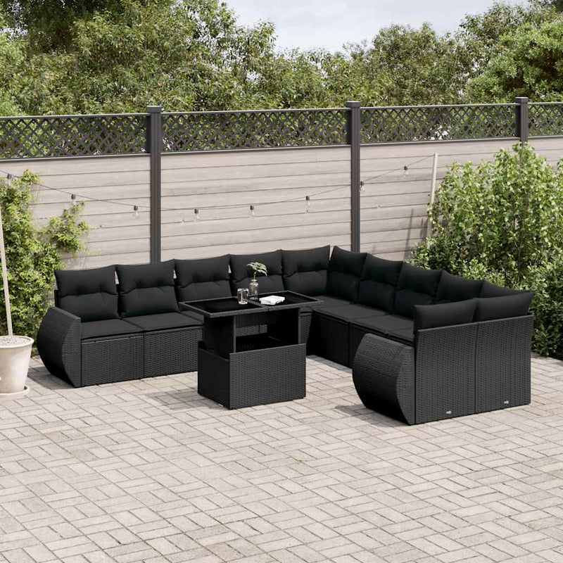 11 Piece Garden Sofa Set with Cushions Black Poly Rattan