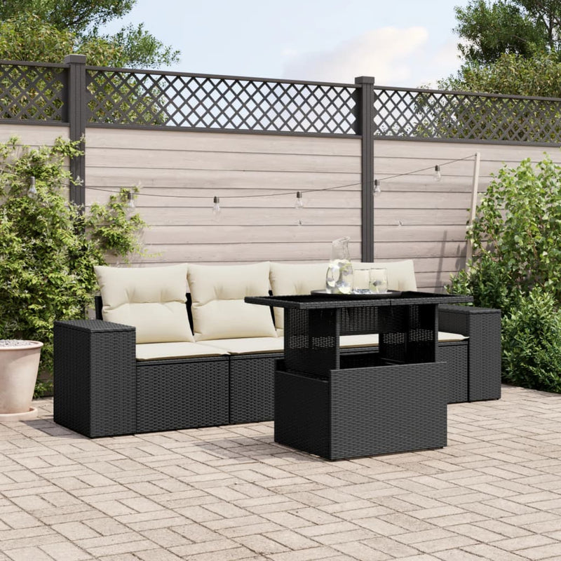 5 Piece Garden Sofa Set with Cushions Black Poly Rattan