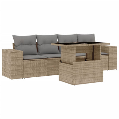 5 Piece Garden Sofa Set with Cushions Beige Poly Rattan