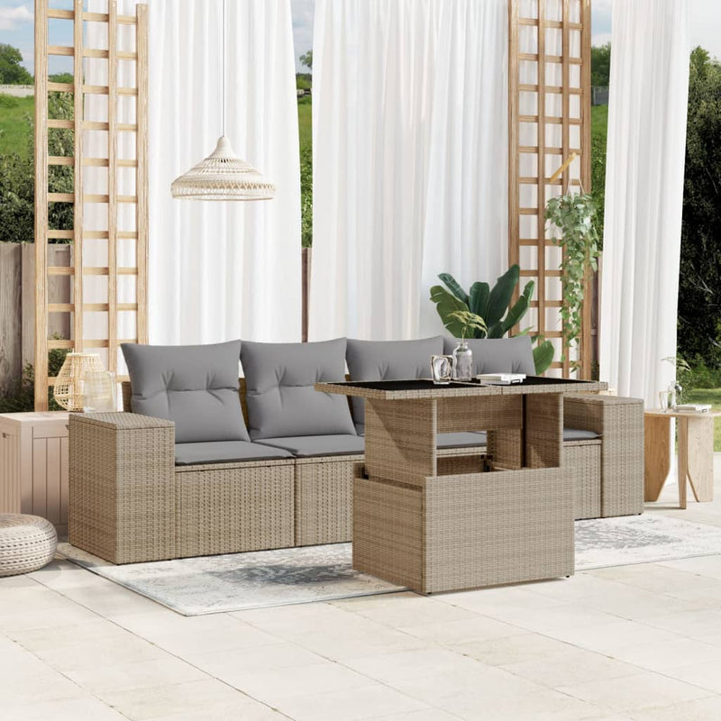 5 Piece Garden Sofa Set with Cushions Beige Poly Rattan