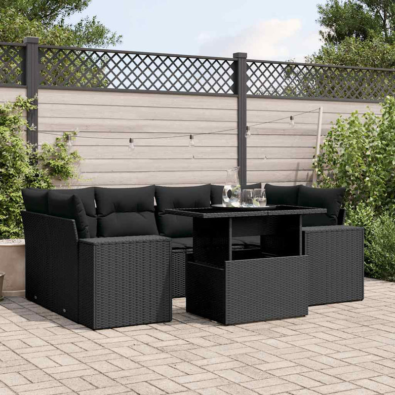 7 Piece Garden Sofa Set with Cushions Black Poly Rattan