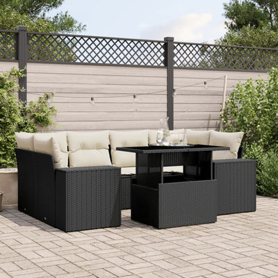 7 Piece Garden Sofa Set with Cushions Black Poly Rattan