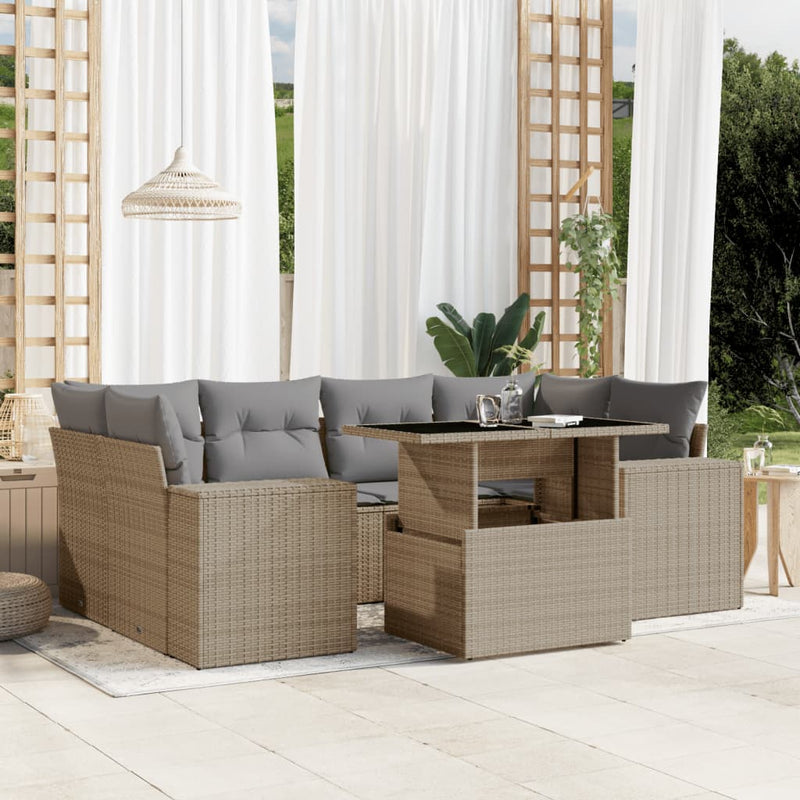 7 Piece Garden Sofa Set with Cushions Beige Poly Rattan