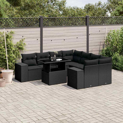 9 Piece Garden Sofa Set with Cushions Black Poly Rattan