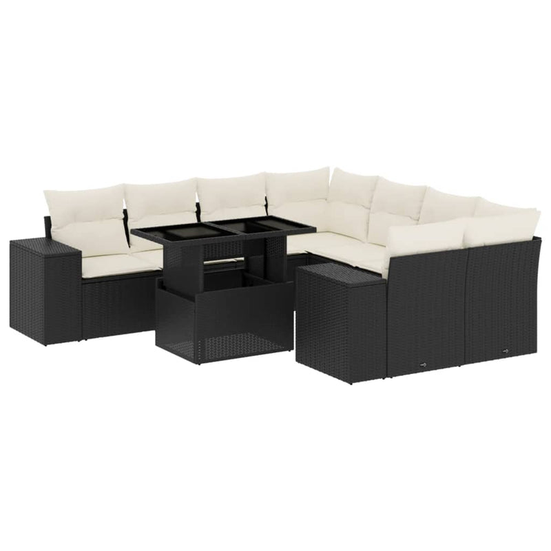 9 Piece Garden Sofa Set with Cushions Black Poly Rattan