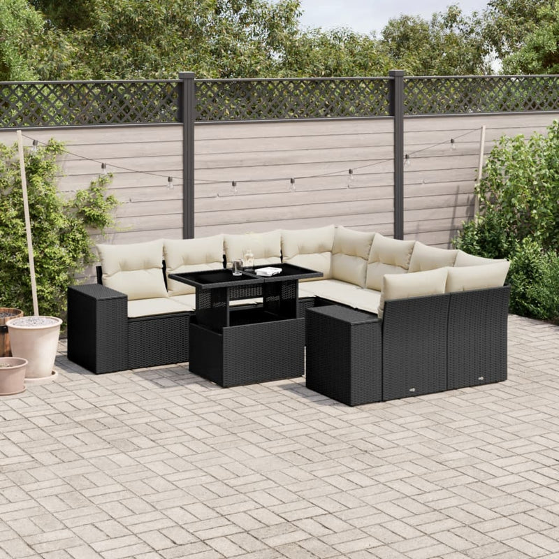 9 Piece Garden Sofa Set with Cushions Black Poly Rattan