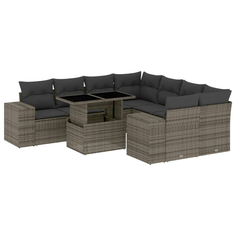 9 Piece Garden Sofa Set with Cushions Grey Poly Rattan