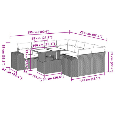 9 Piece Garden Sofa Set with Cushions Grey Poly Rattan