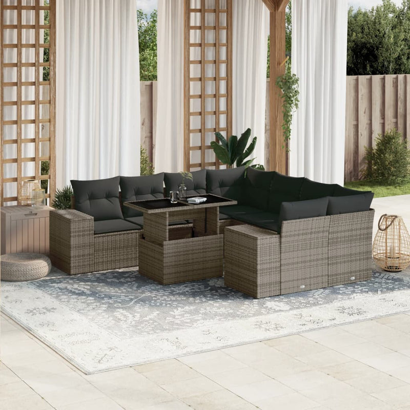 9 Piece Garden Sofa Set with Cushions Grey Poly Rattan