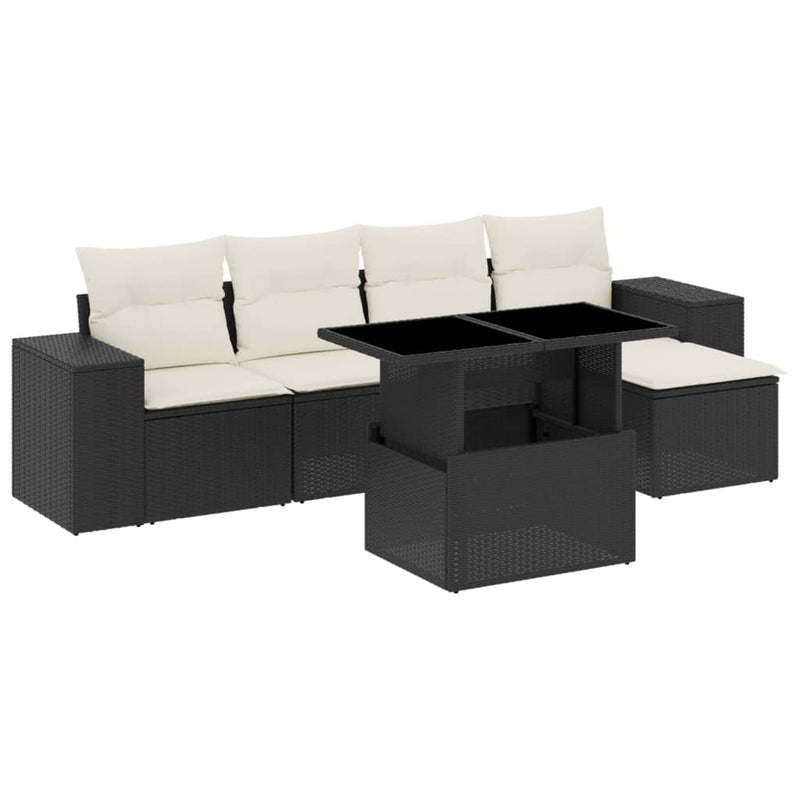 6 Piece Garden Sofa Set with Cushions Black Poly Rattan