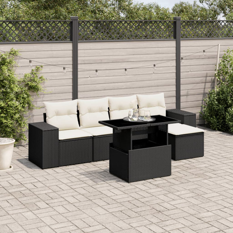 6 Piece Garden Sofa Set with Cushions Black Poly Rattan