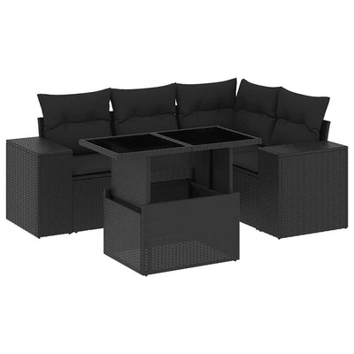 5 Piece Garden Sofa Set with Cushions Black Poly Rattan