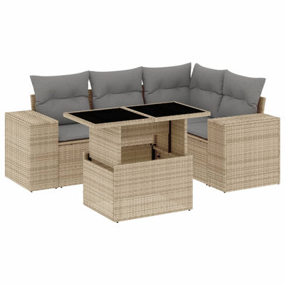 5 Piece Garden Sofa Set with Cushions Beige Poly Rattan